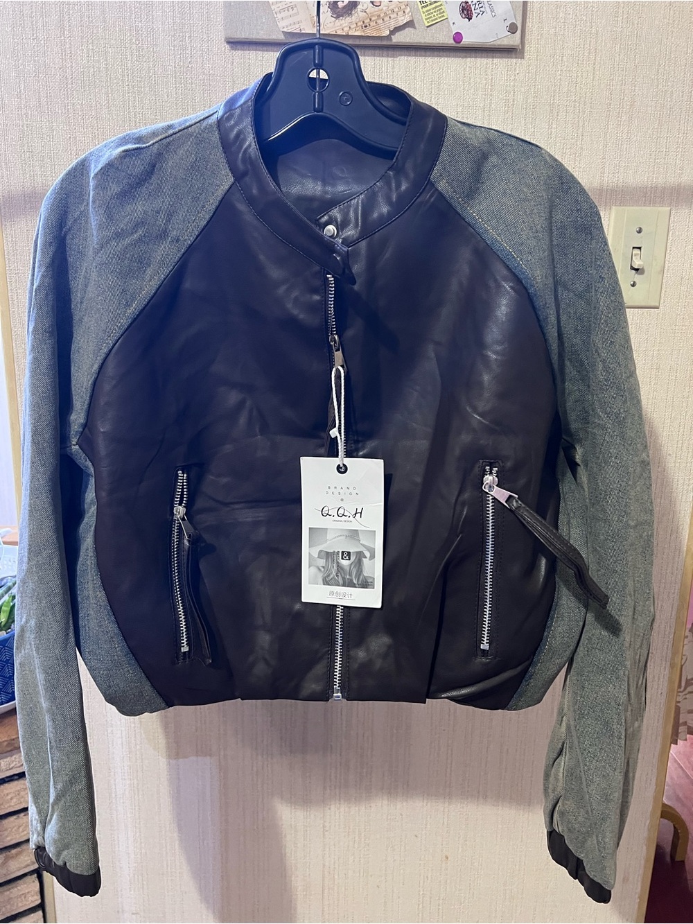 Leather Front Bomber Jacket with Gray Denim Sleeve Detail